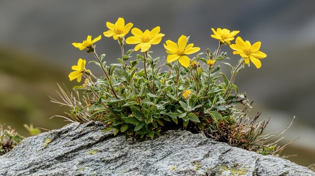 windblown. Bright yellow wildflowers growing from a crack in a gray rock. gardening catalogs, home-decor guides, designed for gardening and botanical catalogs and home decor and floral branding.