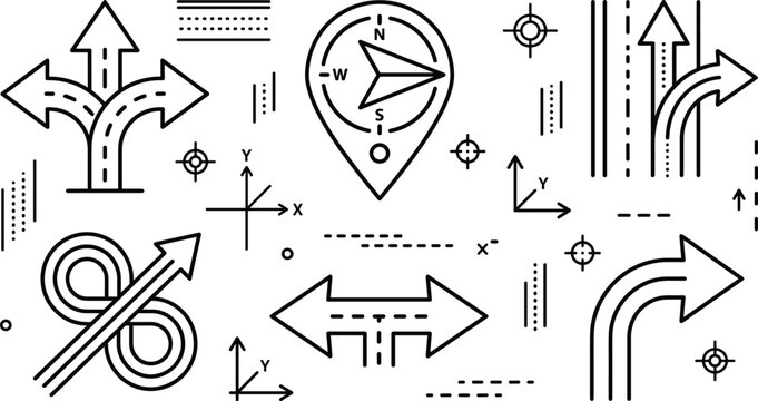 Navigation arrows road direction compass map pin coordinates axis tracking linear black vector outline icons set collection concept