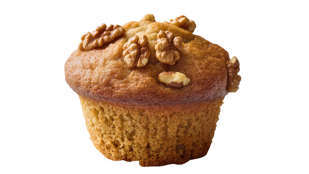 Golden brown muffin topped with walnuts, isolated on transparent background