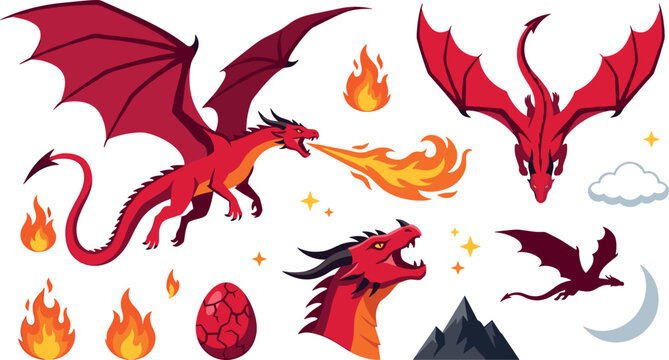 Red fire breathing dragon vector illustration set featuring flying fantasy monsters roaring head dragon egg and flames in flat cartoon style