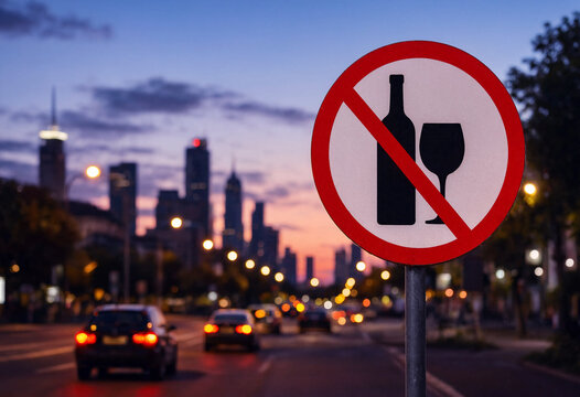 No alcohol road sign prohibiting drinking and driving with a blurred city skyline and traffic in the background at dusk