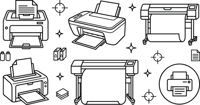 Office printer plotter large format printing machine copier laser inkjet document paper print studio vector outline icons set