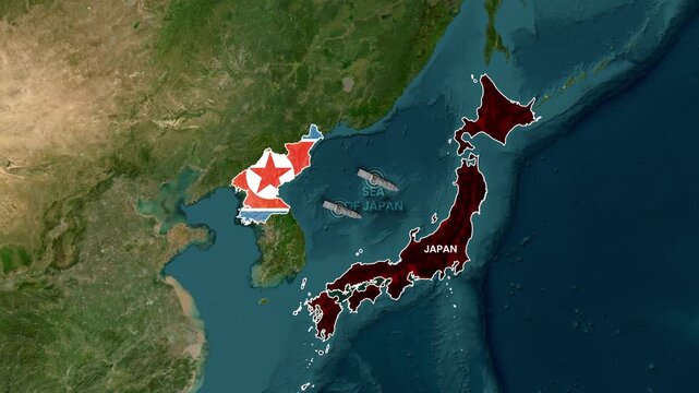 Animated map footage showing geopolitical tensions between North Korea and Japan