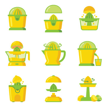 Collection of yellow and green citrus juicers and reamers in pixel art style, set of kitchen tools, healthy lifestyle and fresh juice concept
