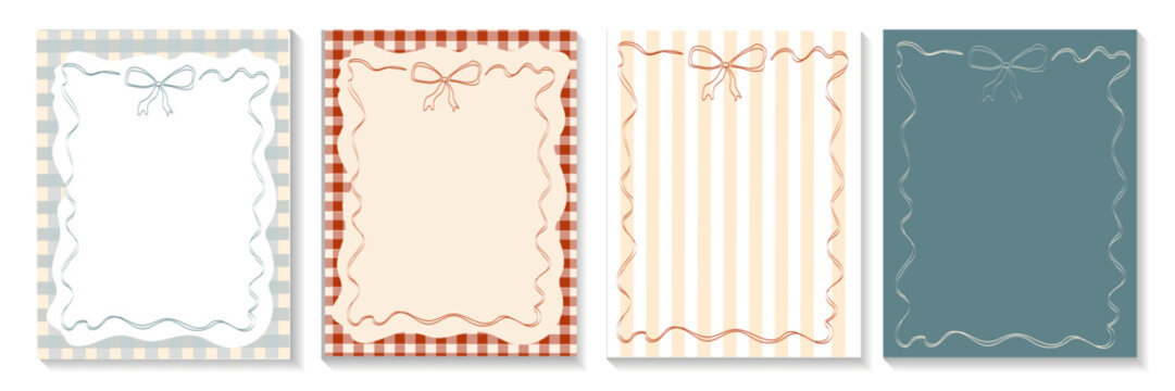 Card border template set. Four vertical portrait layouts with rustic gingham check and stripe backgrounds, wavy line frame, and hand-drawn ribbon bow for cozy autumn stationery.