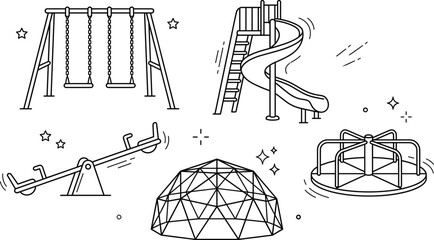 Playground line art vector collection featuring swings slide seesaw dome climber merry go round outdoor kids park doodle elements. © S O H A G