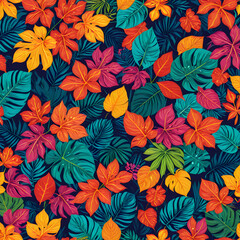 Fototapeta premium Tropical leaves display a vibrant pattern of autumn colors across a dense botanical backdrop.