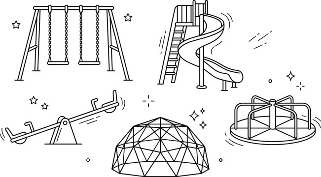 Playground line art vector collection featuring swings slide seesaw dome climber merry go round outdoor kids park doodle elements.