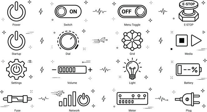 Power and interface line art vector icon collection featuring switch settings dial toggle battery meter plug doodle elements.