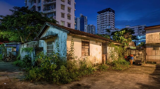 adjacent. A dilapidated small house next to a luxurious villa separated by a wall. lifestyle magazines, social media lookbooks, designed for lifestyle magazines and social media content.
