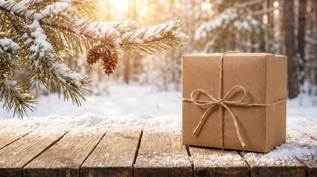 Winter gift box on rustic wood table with snow and pine branch