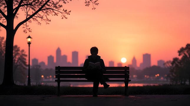 Solitary Person Reading Book on Park Bench at Sunrise with City Skyline Background and Warm Orange Sky