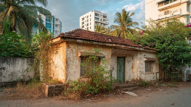 adjacent. A dilapidated small house next to a luxurious villa separated by a wall. lifestyle magazines, social media lookbooks, designed for lifestyle magazines and social media content.