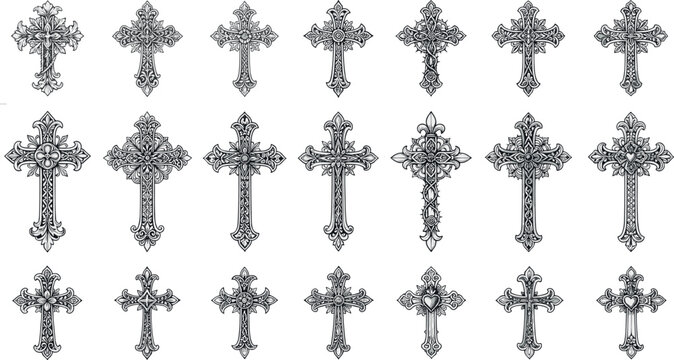Vintage Ornate Christian Cross Icon Set Featuring Detailed Gothic Celtic and Baroque Religious Crucifix Silhouettes for Church and Faith Based Designs