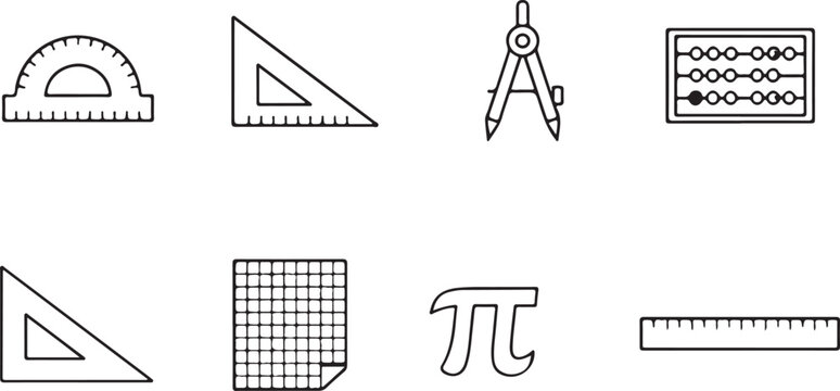 Minimalist math icons set, black outline geometry tools vector, 8 school education symbols including ruler and compass for technical drawing