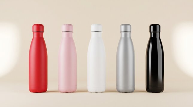 Five colored bottles are standing on a table indoors.