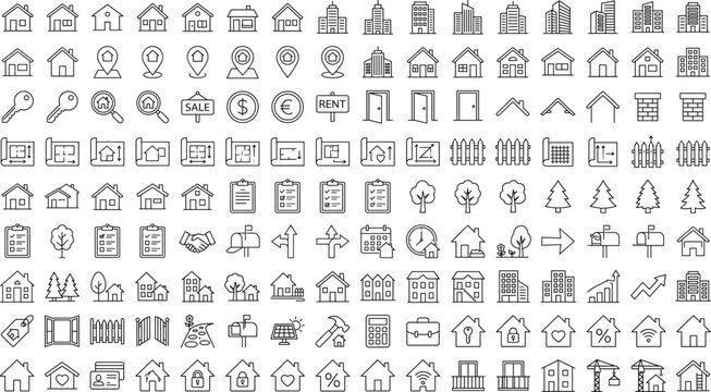 Real estate property mega line art vector collection featuring house building blueprint location key sign clipboard tree elements.