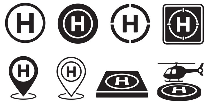 Helicopter Landing Pad Icon Set with Helipad H Symbol in Outline and Glyph Styles for Aviation Safety 
Vector Illustration