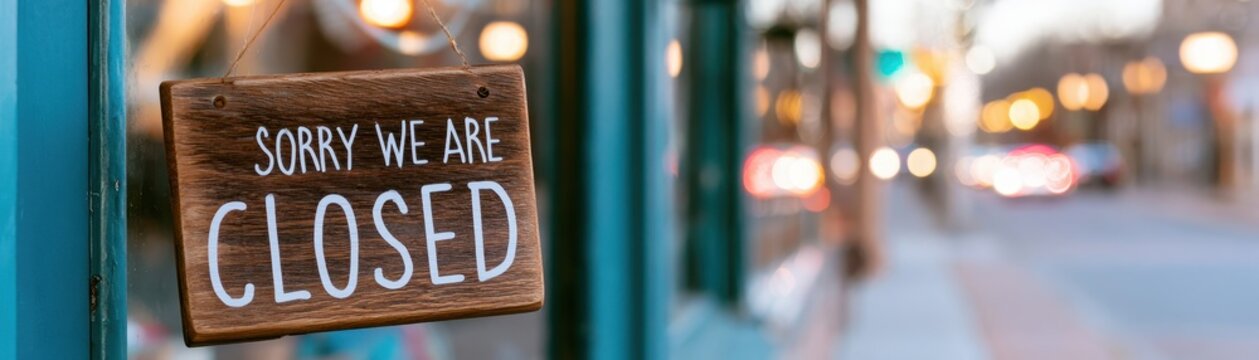 Wooden sign hanging in  shop window with the text Sorry We Are Closed written in white capital letters