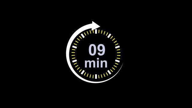 Abstract 09 minutes timer color style isolated on black background. 09 minutes timer circle icon.Clock,stopwatch.
