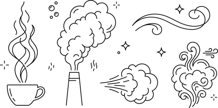Smoke steam wind coffee aroma factory pollution cloud vapor breath doodle linear black vector outline illustrations set collection
