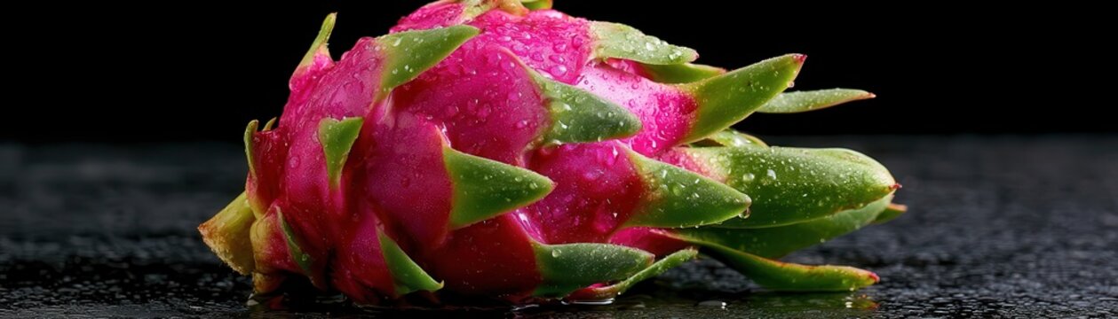 ripe dragon fruit with vivid pink skin and green scales covered in small glistening water droplets