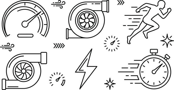 Speed performance boost turbocharger speedometer runner sprinter stopwatch lightning bolt automotive racing linear vector outline icons set collection