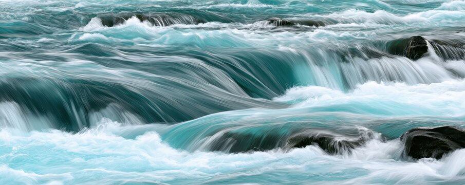 Turbulent blue river water flowing rapidly over dark rocks in  mountain stream during the daytime
