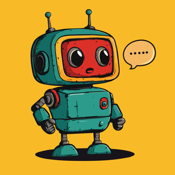 A colorful retro robot character with big eyes and a speech bubble, ideal for playful and creative designs.