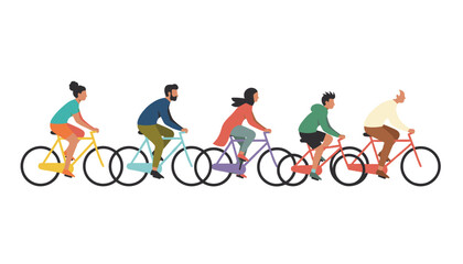 Naklejka premium Energetic group of diverse people riding colorful bicycles in a row, promoting a healthy lifestyle and eco-friendly transport.