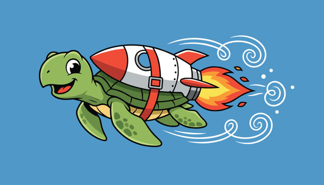 Cute cartoon green sea turtle flying through the air with a rocket booster strapped to its shell on blue background.