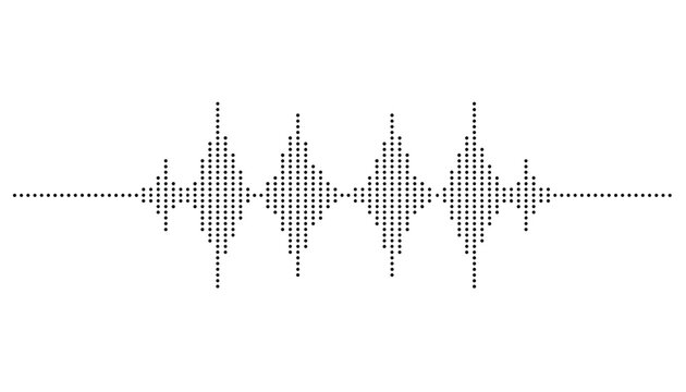 Abstract digital audio sound wave vector illustration composed of symmetrical black dots on white background.