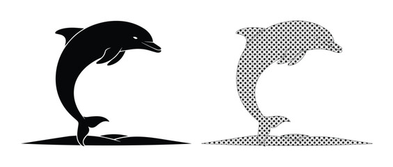 Jumping dolphin vector illustration, black silhouette and halftone dot pattern, marine animal graphic element, ocean life logo design, aquatic mammal icon set © Asma
