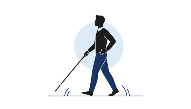 Blind visually impaired man walking with a white cane guidance stick on tactile paving safety line.