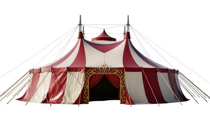 Grand red and white striped circus tent with ornate entrance, isolated on transparent background © Luca