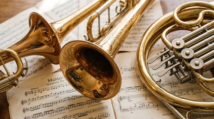Naklejka premium Golden brass instruments resting on top of classical symphony sheet music.