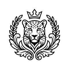 Obraz premium A regal leopard head with a crown sits amidst laurel leaves and geometric patterns in a centered composition.