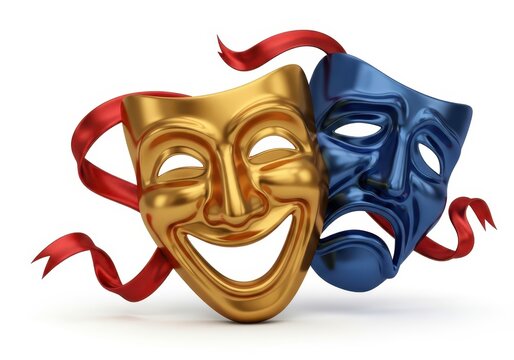 Comedy and Tragedy Theater Masks in Gold and Blue with Red Ribbon on White Background