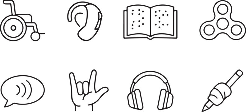 Disability and accessibility line icons set, inclusive healthcare symbols vector, 8 linear signs for special needs and neurodiversity
