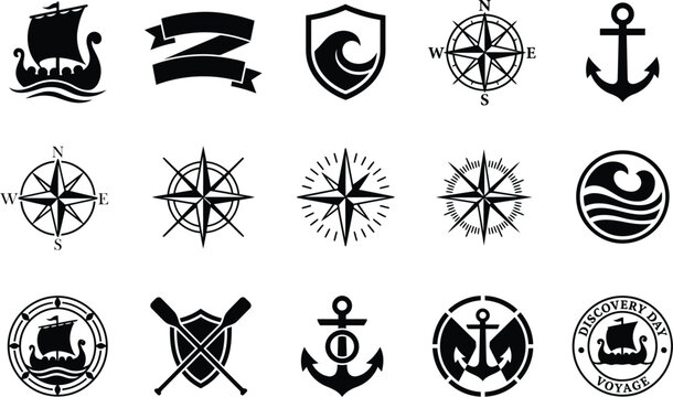 Set of nautical vector icons including viking ship, banner, shield, compass roses, anchor, waves, and paddles.