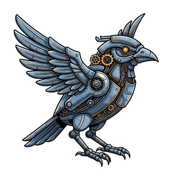 Detailed steampunk robotic bird vector featuring intricate gears, metallic armor plates, and spreading wings on a black background. Ideal for creative sci-fi and industrial design projects.