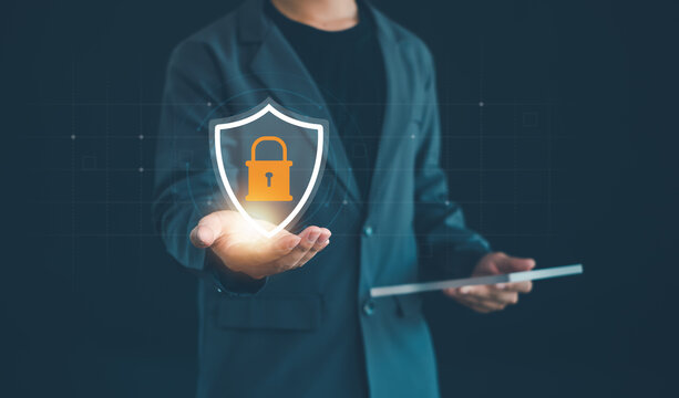Cybersecurity protection with digital shield and padlock technology. Data security, privacy protection, network defense, cyber risk management and secure business systems.