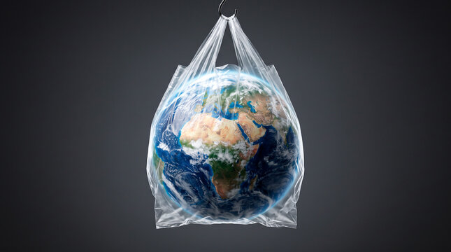 Planet Earth enclosed in a plastic bag, symbolizing environmental issues