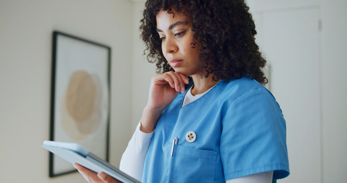 Nurse, woman and thinking with tablet for reading medical report, telehealth and research in clinic. Healthcare worker, person and problem solving in hospital with tech, plan or patient care records.