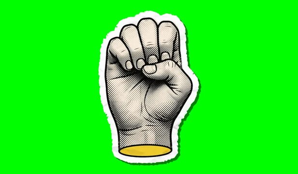 Retro Halftone Rock On Hand Gesture on Green Screen Vintage Horns Sign Animation Chroma Key Loop