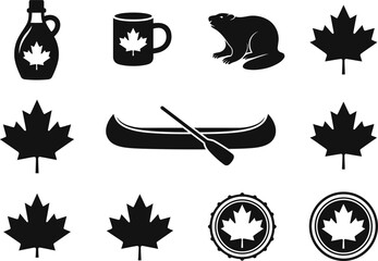 Canadian symbols collection beaver canoe mug bottle of maple syrup with maple leaves. © MRSTOCK LAB