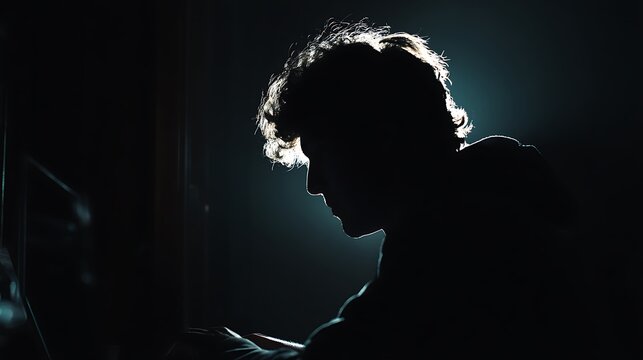 Side view silhouette of person typing on laptop in dark room
