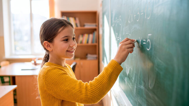 Young student happily solving a math problem on a green chalkboard in a classroom