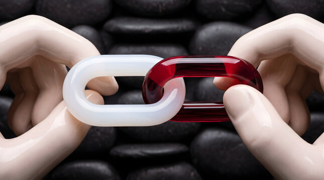 Hands pulling heavy chains connected by a glossy red link macro 3D composition