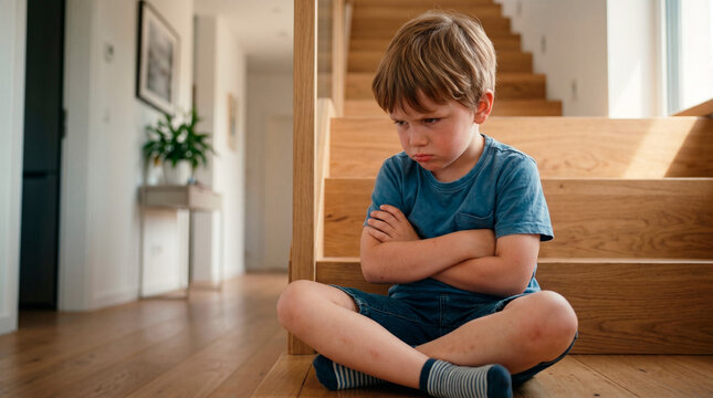 Young boy sitting on stairs with arms crossed looking upset and pouting